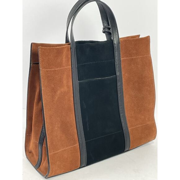 Fossil Carmen Shopper Tote Satchel Brown Black Genuine Leather Suede Key Charm - Picture 4 of 7